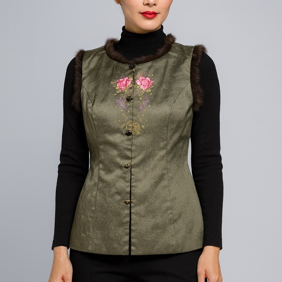 Jackets & Blazers - Embroidered Green Sleeveless Top with Floral Design